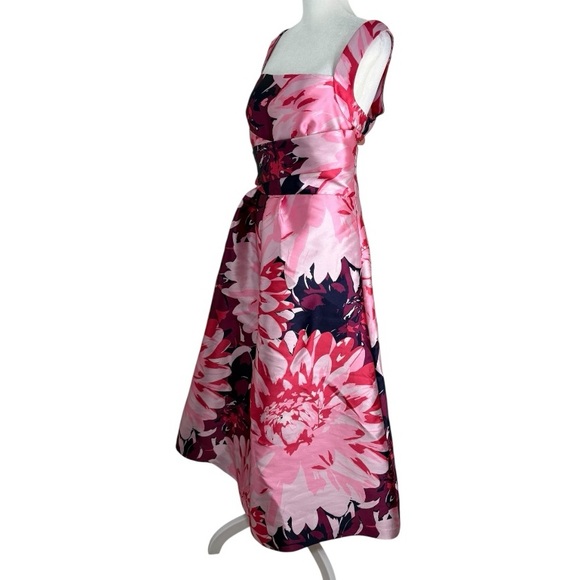 Kay Unger Marie Pink Floral Tea Length Dress 12 A-Line Square Neck Wedding Gues - Picture 6 of 10